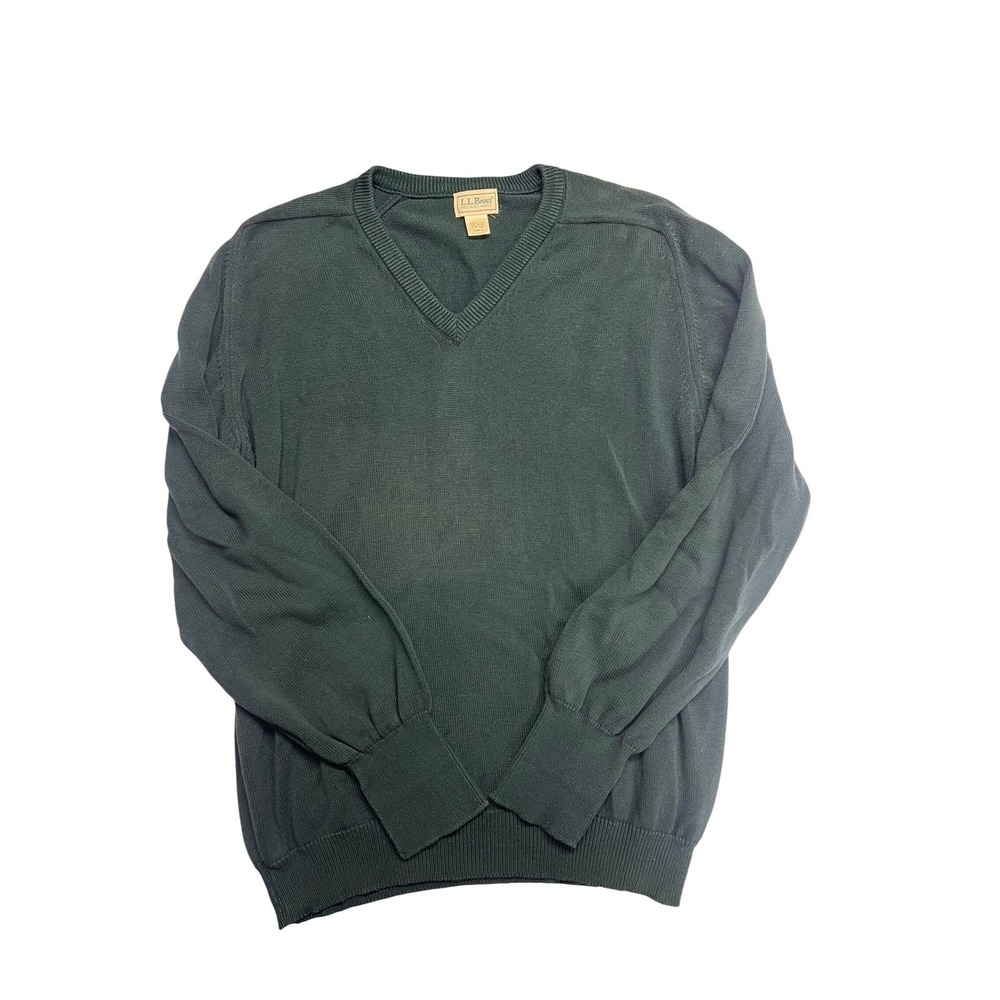 LL Bean Mens Green V Neck Sweater‎ Size L Tall Cotton USA Made Outdoor